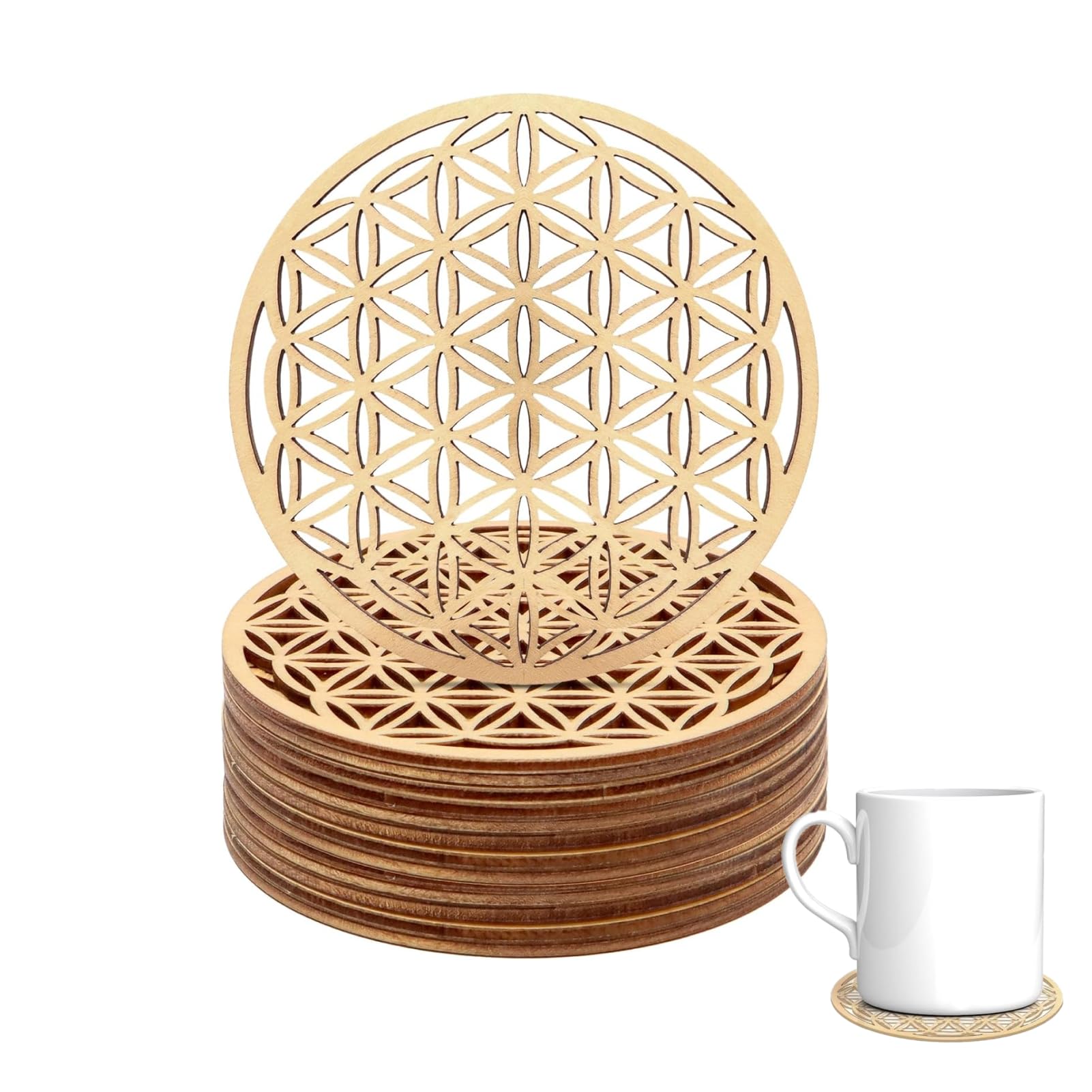Hugwish Set Mit 6 Blume des Lebens Untersetzer Holz Für Meditation (10 X 10 cm), Untersetzern aus Premium Birkenholz, lebensblume deko (6)