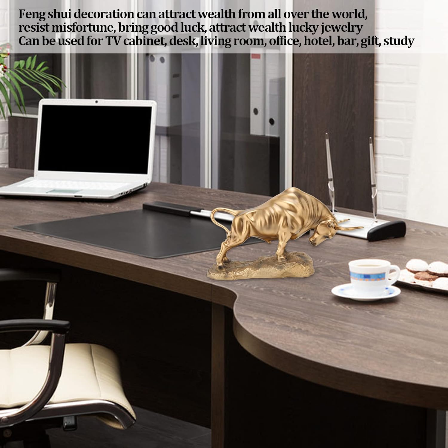 Golden Feng Shui Bull Sculpture Made of Resin - Ox Figure for Happiness, Career and Wealth - Chinese Souvenir, Gift, Home Office Table Decoration for TV Cabinet