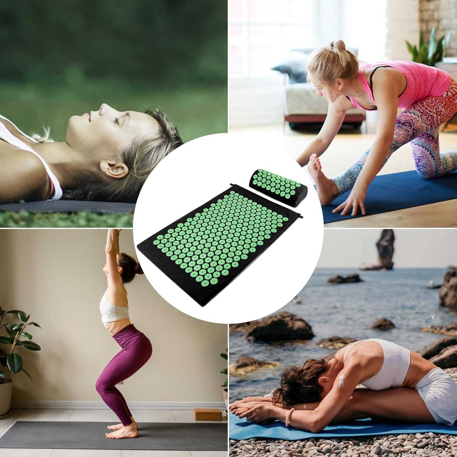 Magrimaxio Akupressurmatte mit Kissen, Akupunktur Matte, Stachelmatte, Akupunkturmatte mit Tragetasche, Nagelmatte Set zur Entspannung für Massage, Schmerzlinderung, Tressabbau, Meditation (Grün)