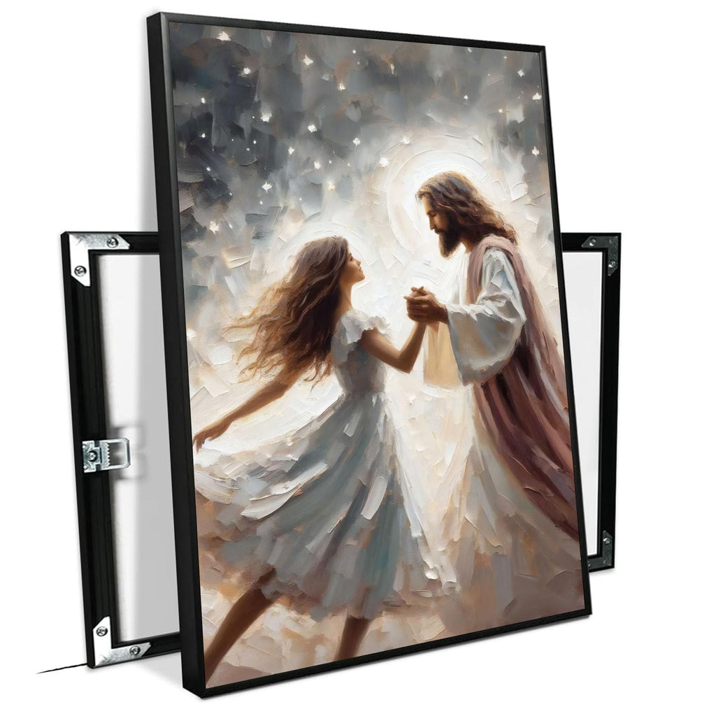 Jesus canvas painting spiritual artwork featuring a girl in a flowing white robe happily playing in a warm field of golden daisies. Adds a vibrant atmosphere to your home's sacred wall decor