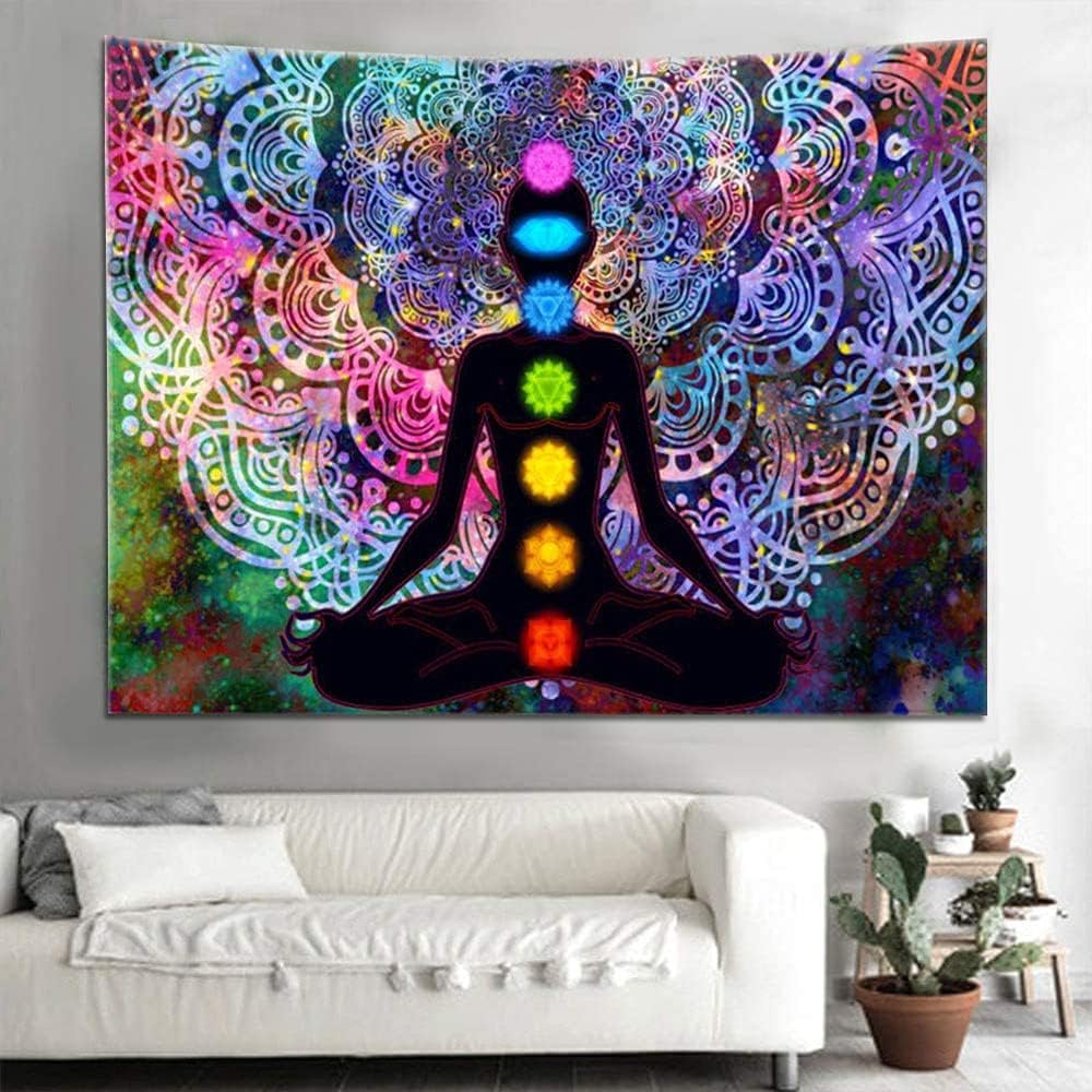 Yoga Mandala Tapestry, Colourful Seven Chakra Tapestry with Installation Kit, for Bedroom, Living Room, Dorm, Studio Room Decor