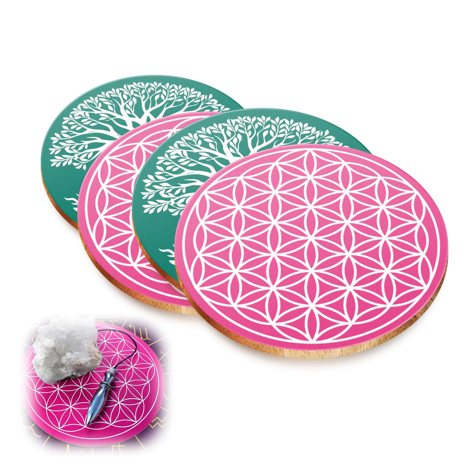Hugwish Set Mit 6 Blume des Lebens Untersetzer Holz Für Meditation (10 X 10 cm), Untersetzern aus Premium Birkenholz, lebensblume deko (6)