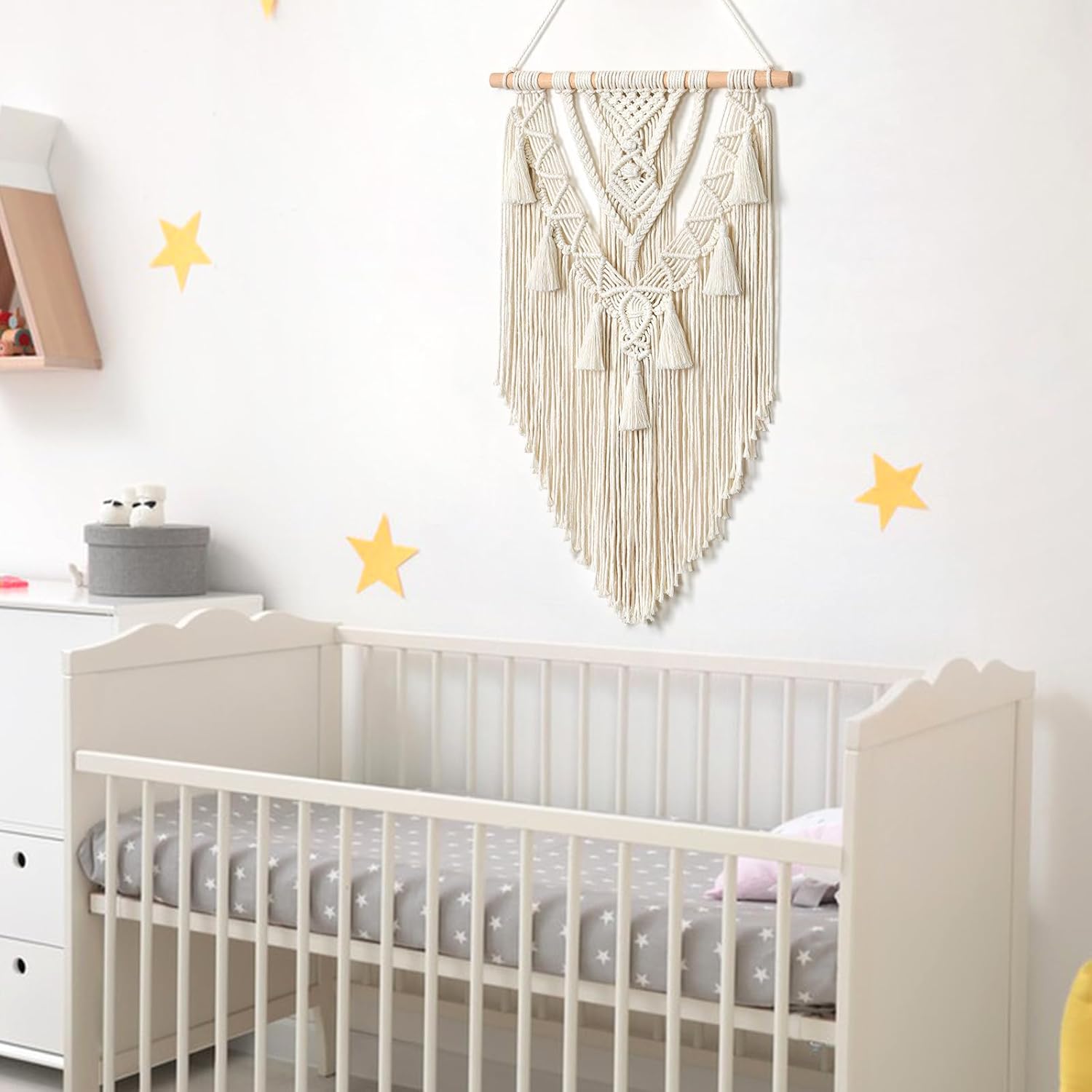 Dremisland Boho Makramee Wandbehang Geometrischer Gewebte Wandteppich Beige Baumwolle Wandteppich Wandkunst Tapisserie Quasten Tapestry Wandbehang für Schlafzimmer Wohnzimmer