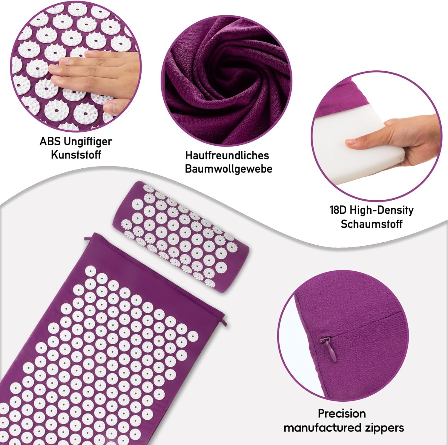 Acupressure Mat, Acupuncture Mat, Acupressure Mat for Relief of Neck and Back Pain, Acupressure Mat with Muscle Relaxation and Stress Relief, Shiatsu Mat for Sciatica Relief, Purple White