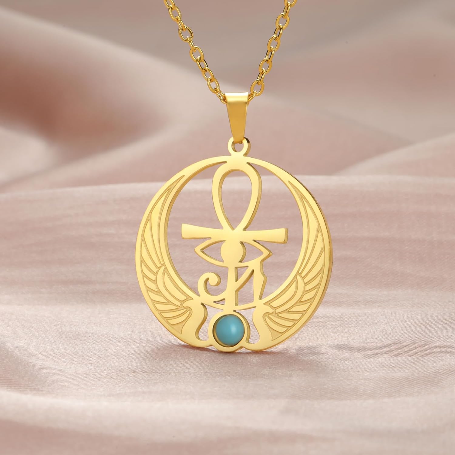 EUEAVAN Ankh Kreuz Auge des Horus Edelstein Halskette Schlüssel des Lebens Skarabäus Anhänger ägyptische Göttin Isis Schutzamulett Religiöser Schmuck für Frauen Männer
