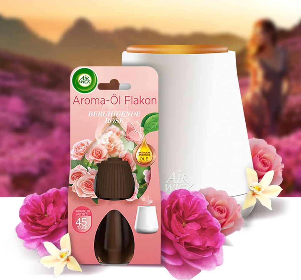 Air Wick Aroma-Öl Flakon Starter Set - Diffuser mit 2 Nachfüllern - Aromatherapie - Duft: Beruhigende Rose - Floraler Raumduft mit ätherischen Ölen - 2 x 20 ml Öl + Gerät in Weiß