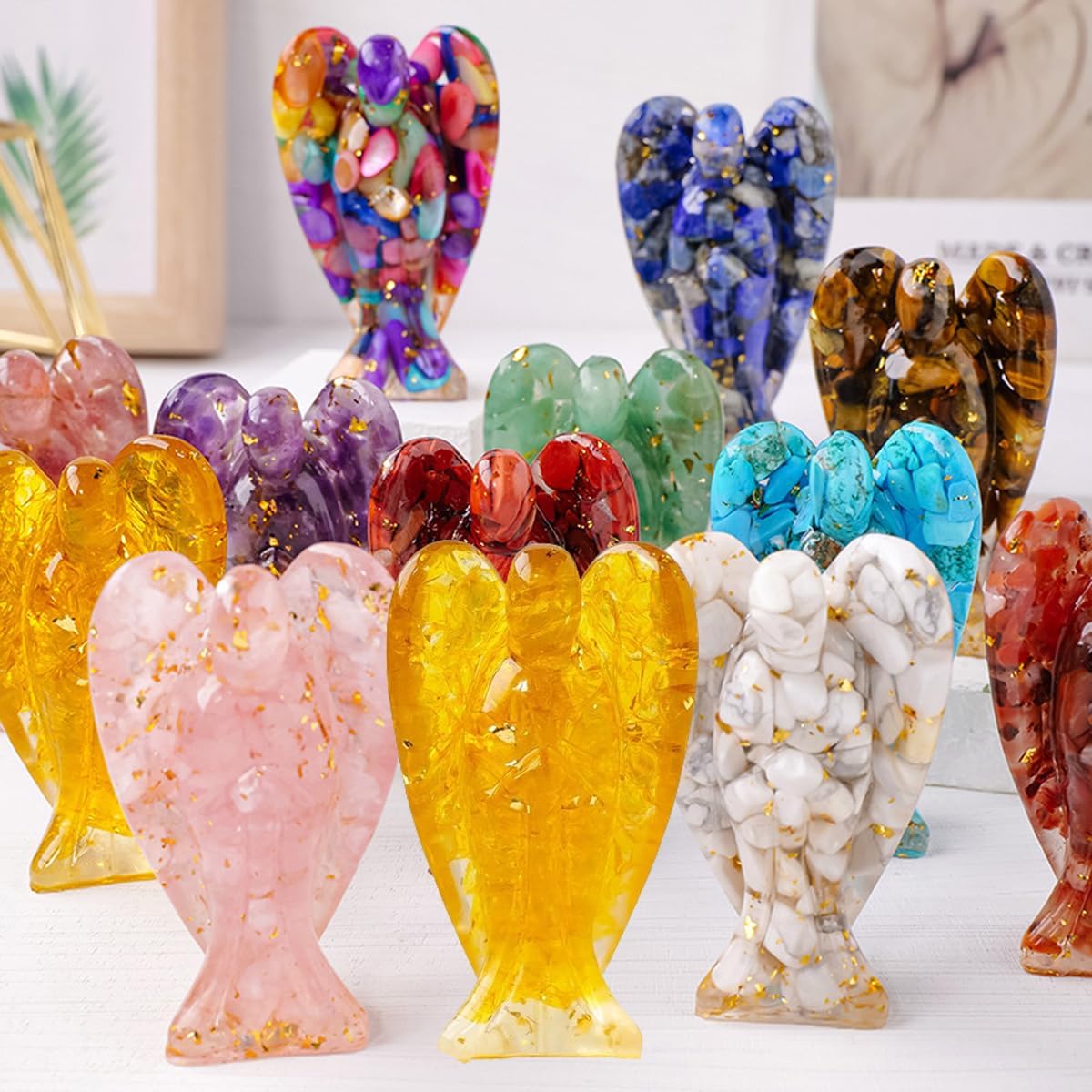 Erliway 7.8cm Large Deep Citrine Crystal Guardian Angel Figures, Natural Healing Crystal Chips Resin Angel Statue for Peace Meditation Easter Home Decor Gifts