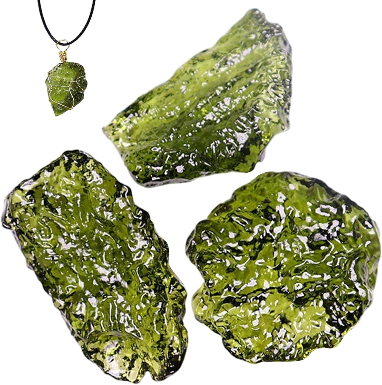 Genuine Moldavite Crystal, 3 Pieces Moldavite Crystal 1-3g Green Czech Meteorite Artificial Irregular Stone Pendant for Jewelry Making Accessories, Stone Style Random