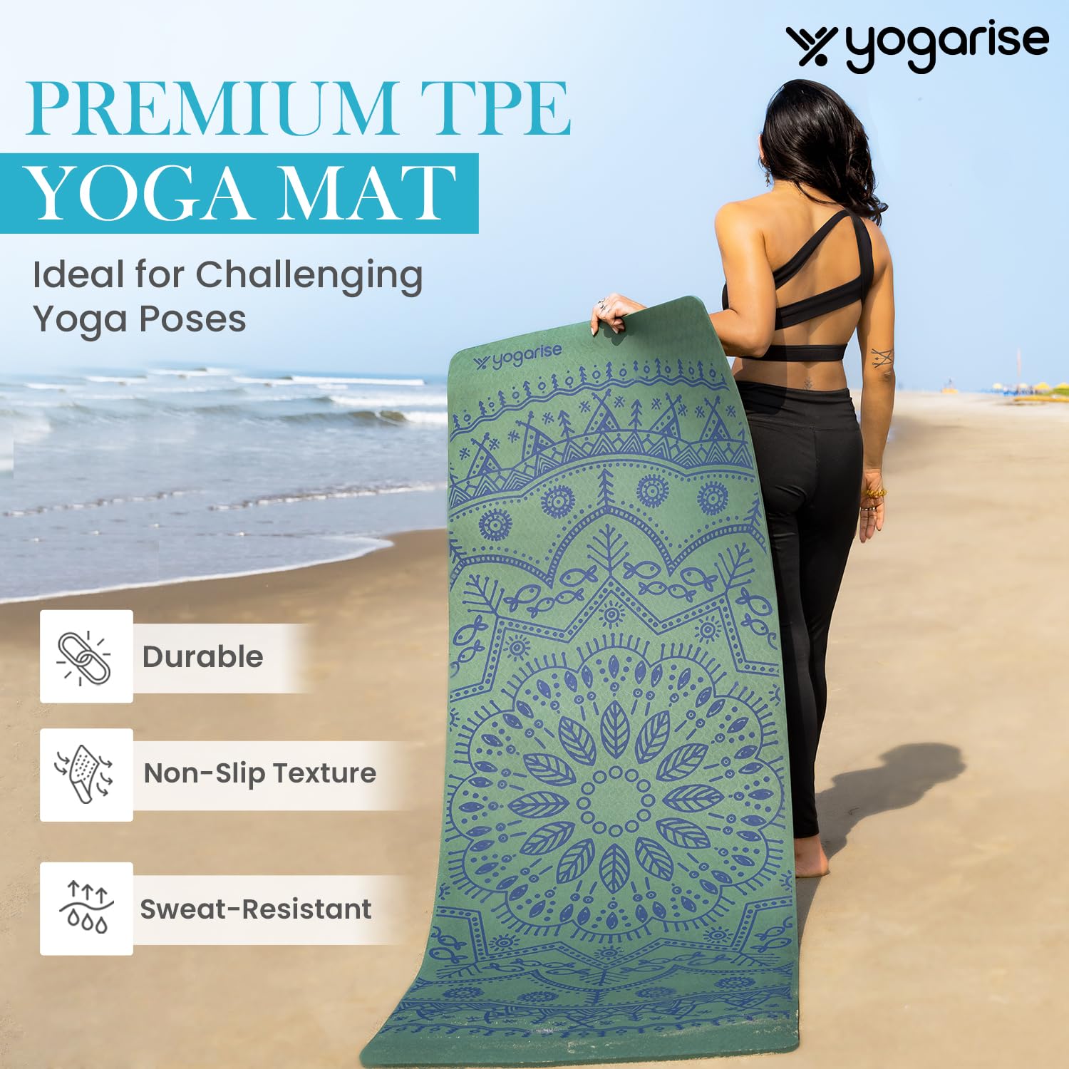 Yogarise 6mm Perfumed TPE Yoga Mat with Mandala Print and Carry Bag for Men and Women, Non-Slip Texture, Extra Wide & Thick TPE Exercise Mat For Home, Sweat-Resistant (Green)