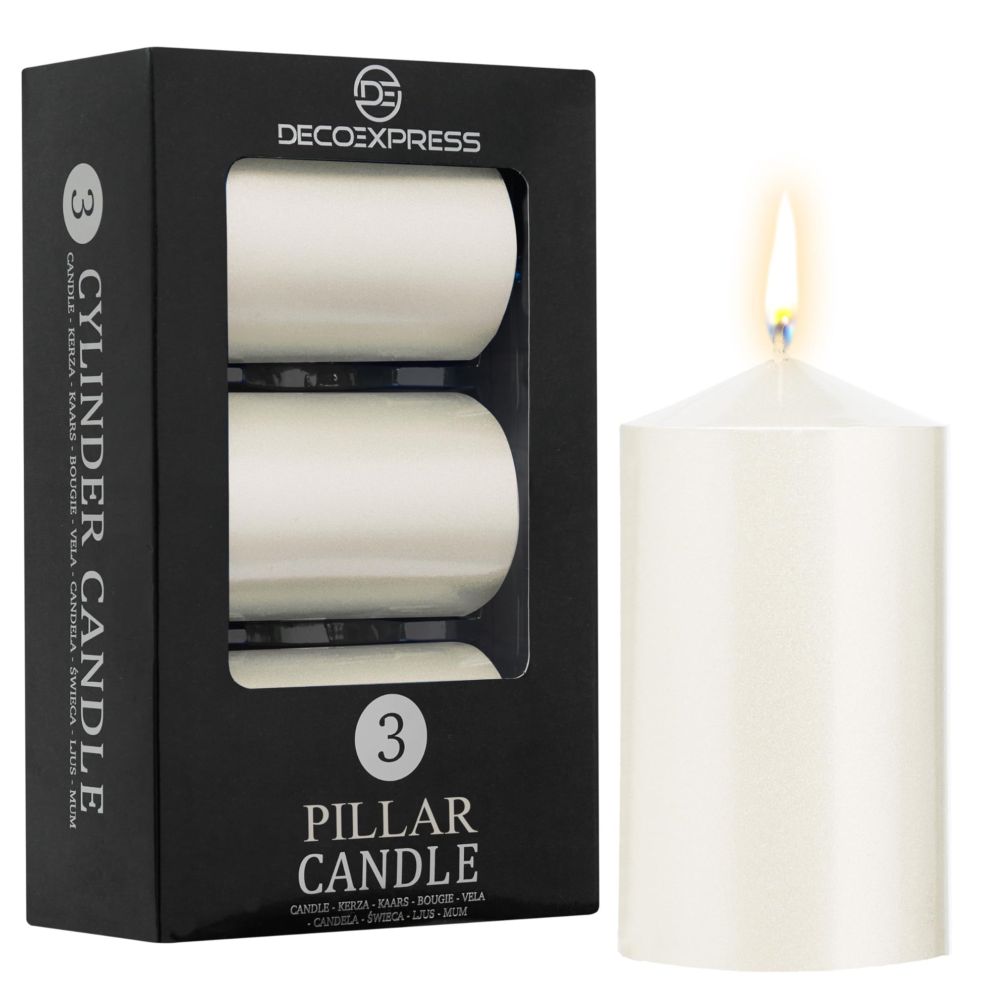 DECO EXPRESS Metallic Pillar Candle Set, 3 Pack, Candles Long Burn Time, 30 Hours, Odourless (Silver - Pack of 3)