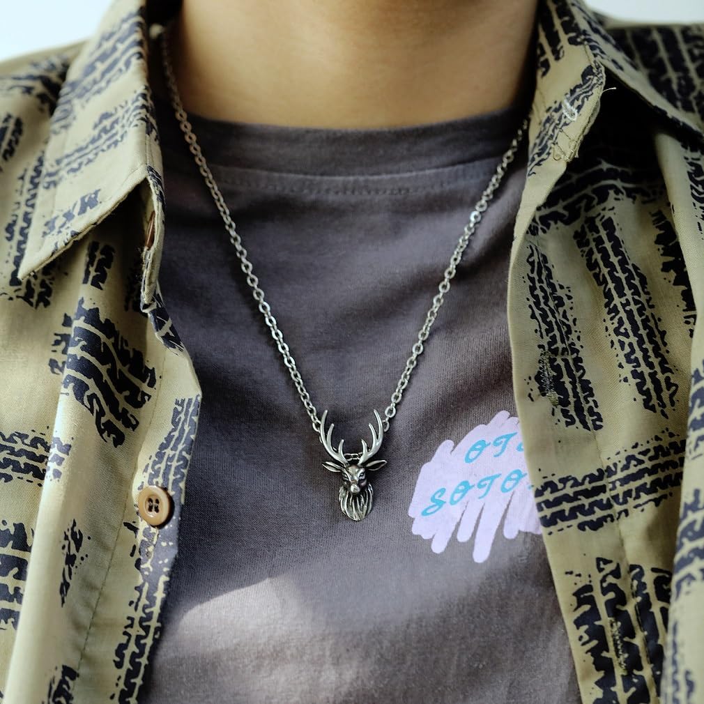 PikaLF Hirschkopf-Halskette für Männer, Hip Hop Rentier Halskette, Nordische Wikinger-Hirschgeweih-Anhänger-Halskette mit 21,7-Zoll-Kette, Edelstahl-Punk-Rock-Hirsch-Anhänger