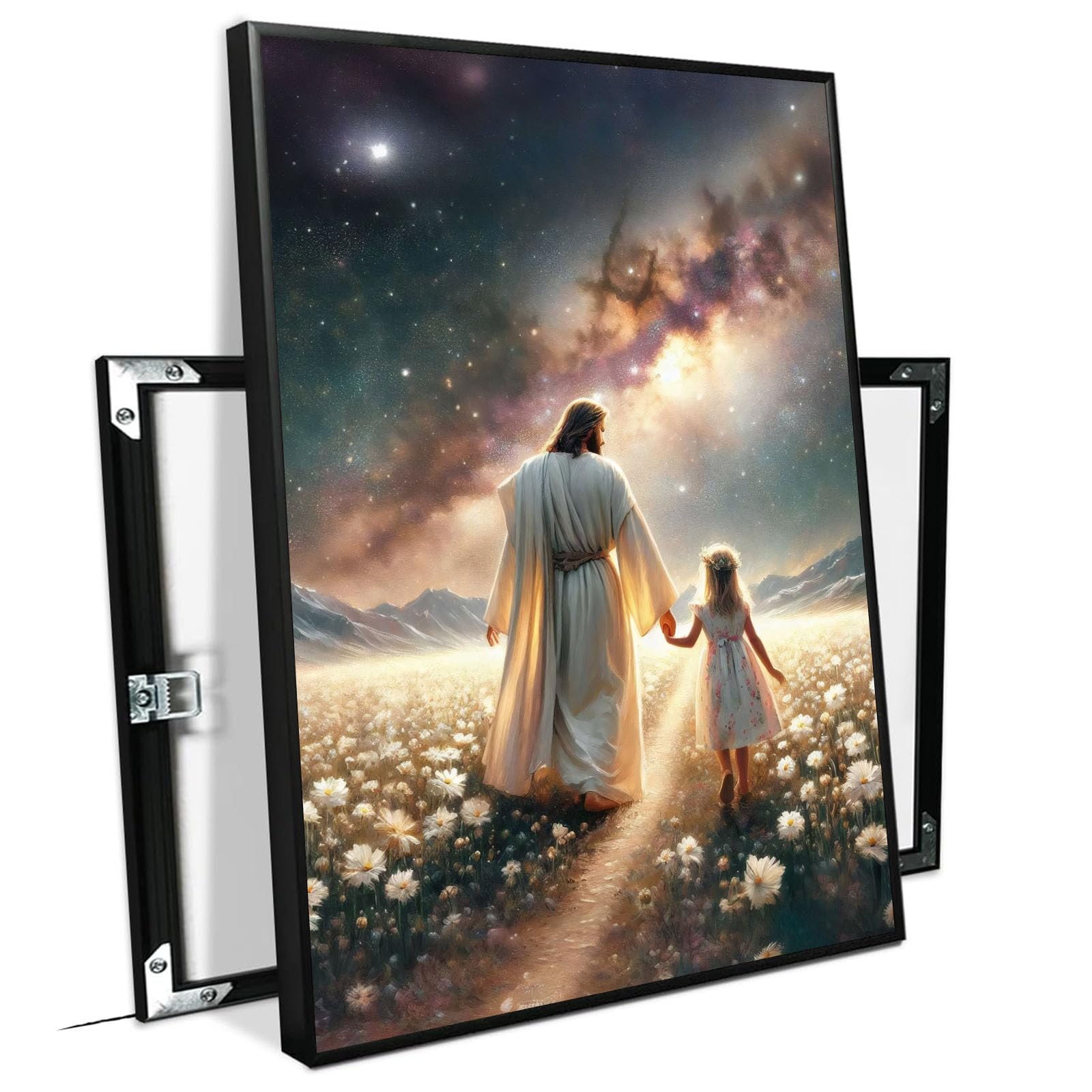 Jesus canvas painting spiritual artwork featuring a girl in a flowing white robe happily playing in a warm field of golden daisies. Adds a vibrant atmosphere to your home's sacred wall decor