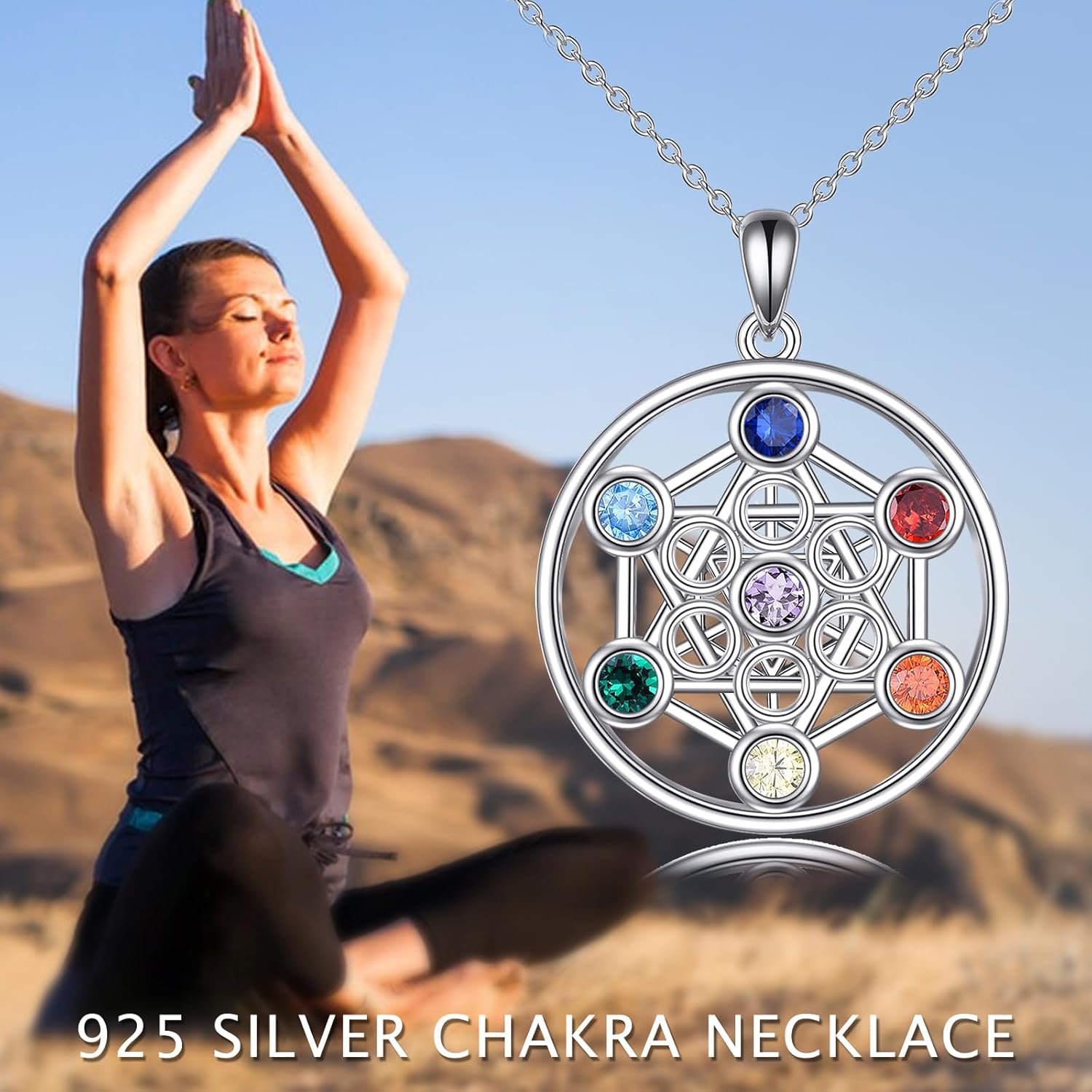 YFN 7 Chakra Necklace Sterling Silver Chakra Pendant Tree / Flower of Life Jewellery Chain Gift for Women Girls Men Boys