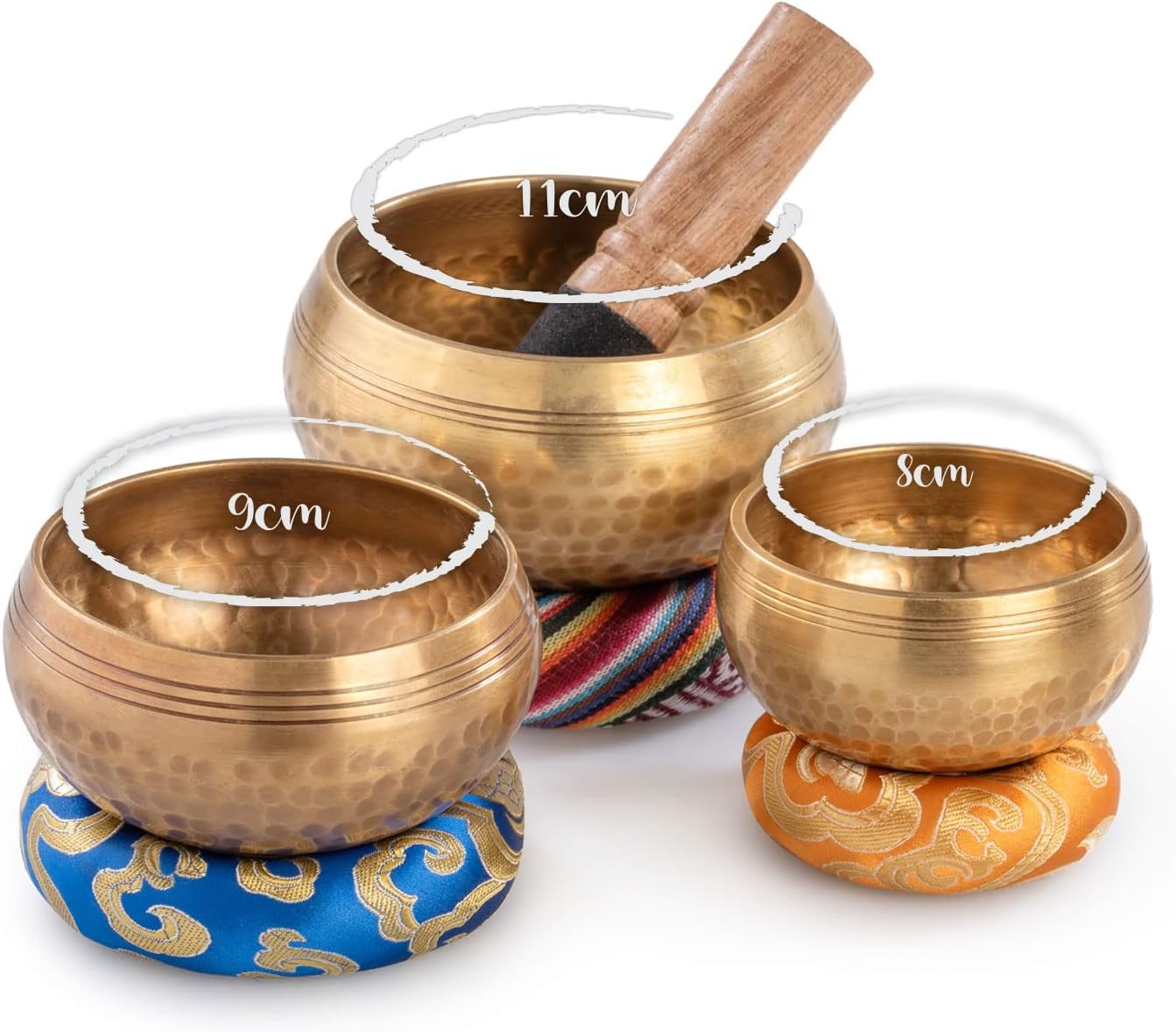 Klangschalen 3 Stück mit Klöppel und Kissen - Meditation Singing Bowl Set 8 bis 11 cm Durchmesser