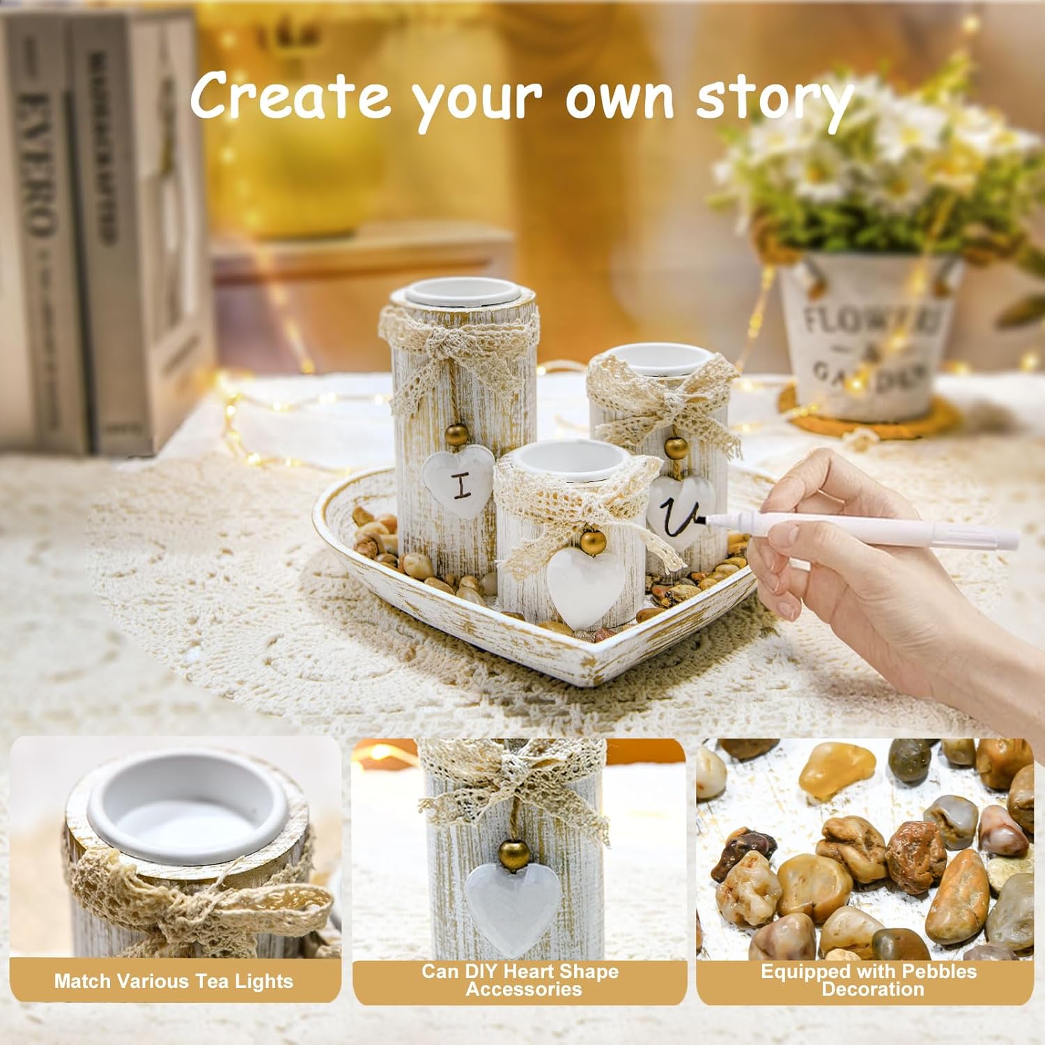 GoMaihe Holz Teelichthalter mit Tablett: 3-teiliges Kerzenständer-Set aus für Hochzeits- und Esstischdekoration, Geburtstagsgeschenk für Mama, romantische Wohndeko, Herzform