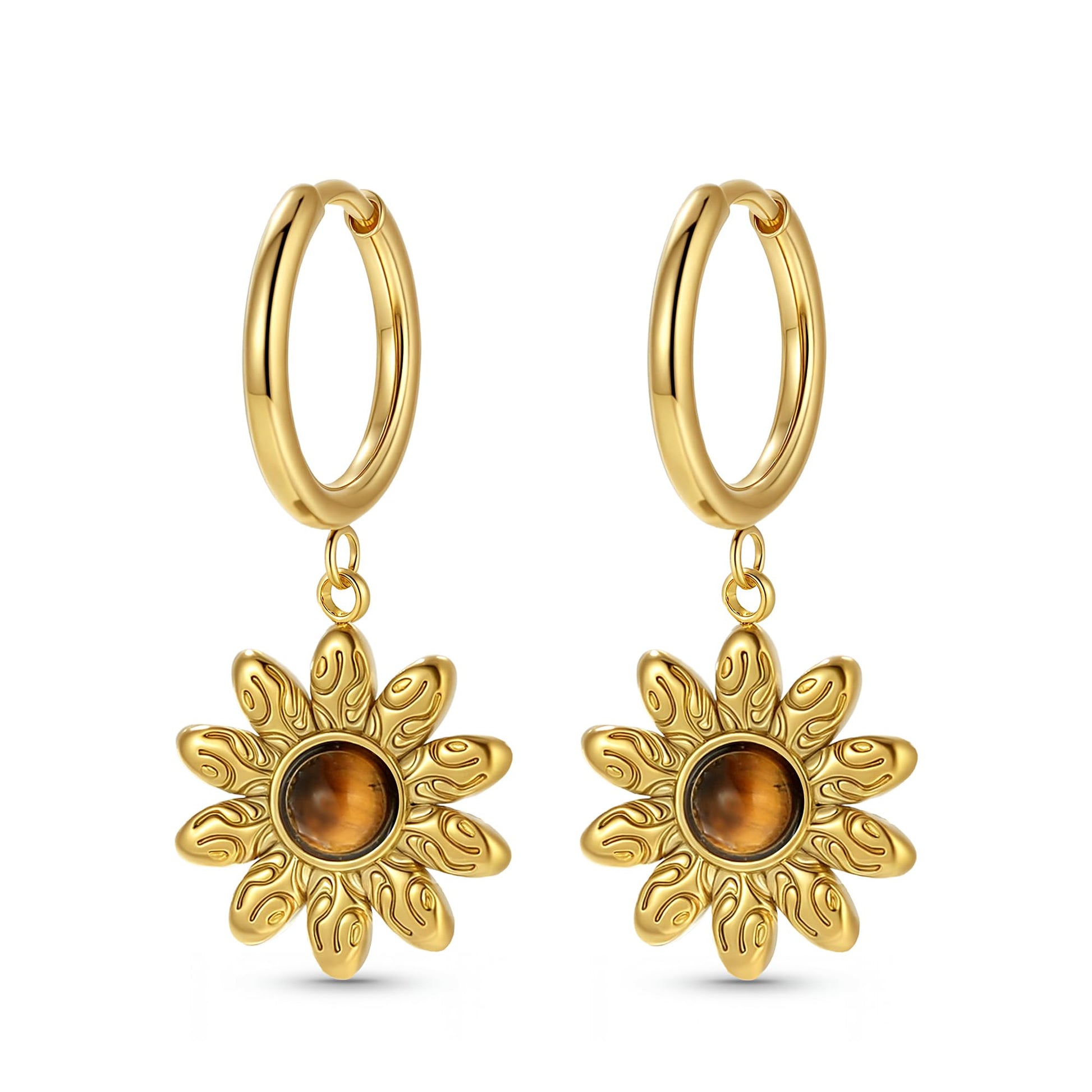 Boho Vintage Ohrringe Gold hängend Damen Creolen mit Naturstein Anhänger Hängeohrringe Klein Elegant