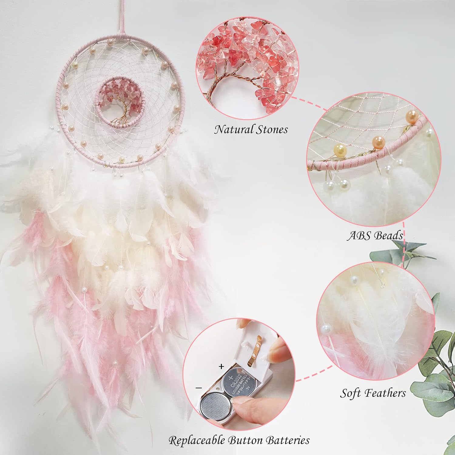Hongyans Traumfänger mit LED Licht Handgefertigt Dreamcatcher mit Federn Böhmen Dekoration für Schlafzimmer Hochzeit Wandbehang Ornament Mädchen Kinder Geschenk