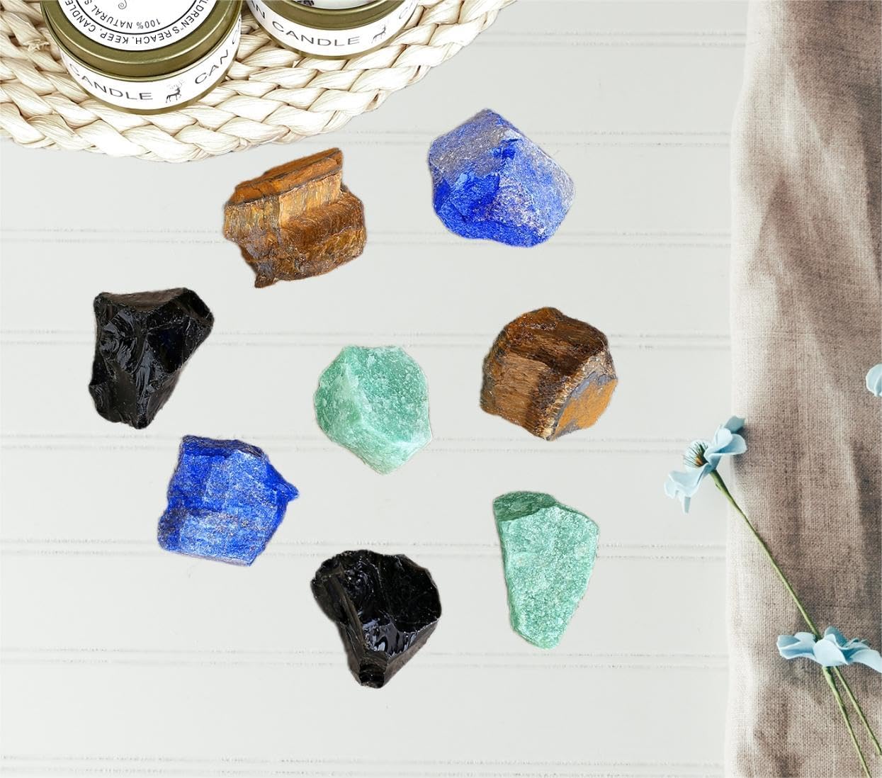 QINJIEJIE 100% Großes Grün Aventurin und Tigerauge Premium Wassersteine Grundmischung Steine 4 Stück Natursteine Heilsteine set Naturbelassene Kristalle Rohsteine 2"