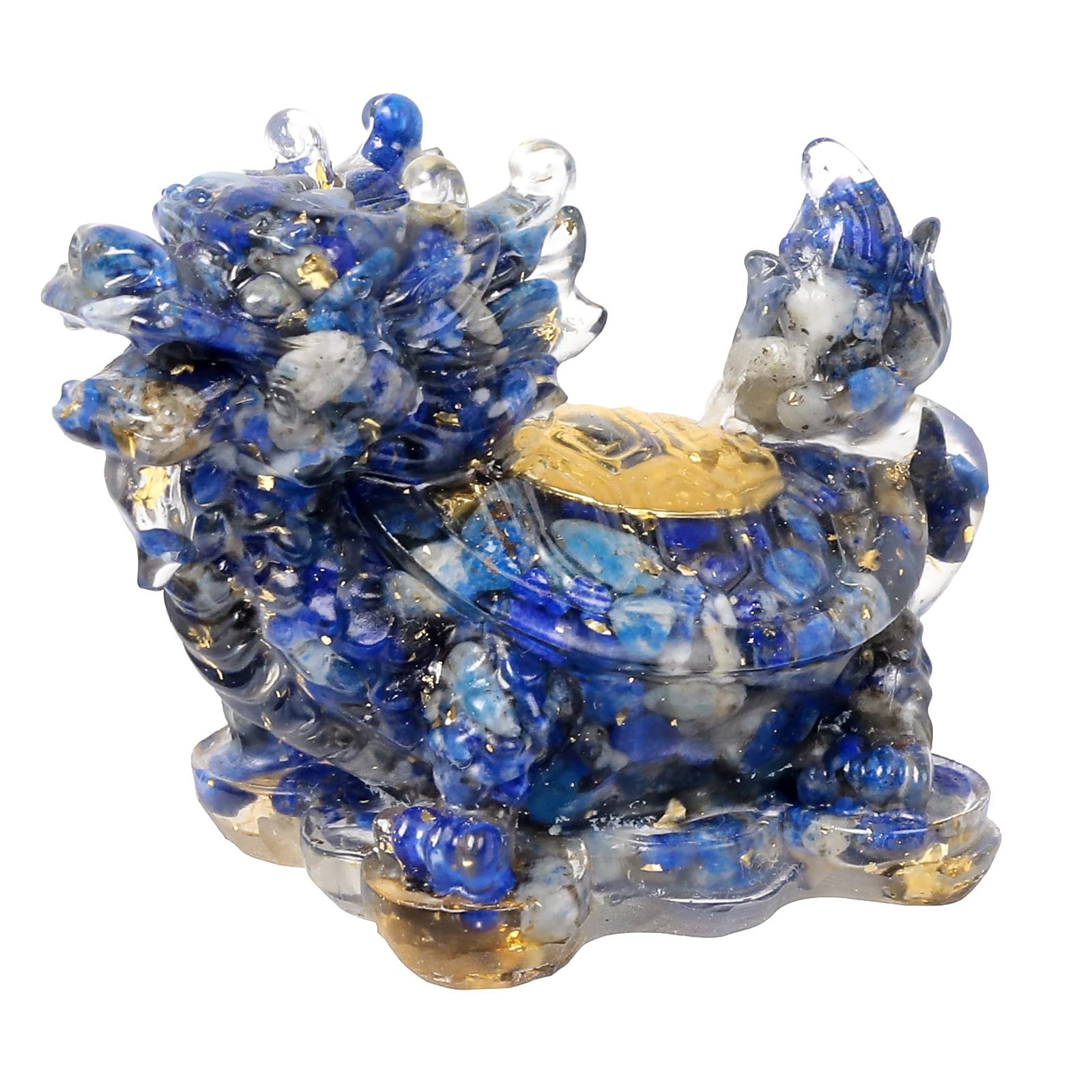 KYEYGWO Aquamarine Kristall Drachen-Schildkröte Figur Deko, Harz Chinesischer Drache Stein Statue Reichtum Goldmünze Skulptur Feng Shui Wohlstand Ornament Glück Sammlerfigur für Haus Büro