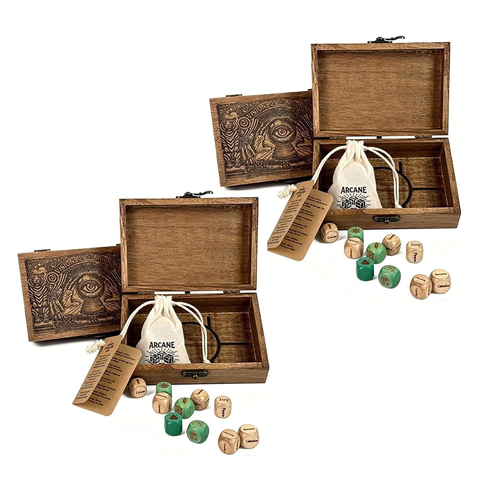 Arcane Divination Dice Set, Engraved Wooden Storage Box Oracle Dice for Tarot Astrology Rune Spiritual Guidance
