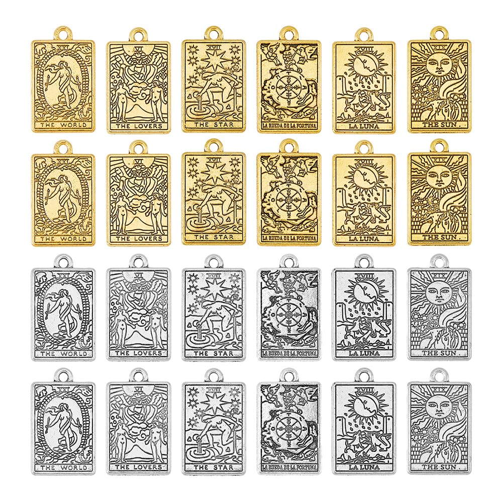 DICOSMETIC Tarot Karten Charme Rechteckige Tarot Anhänger Goldene Silber Legierungsanhänger Astrologie Wahrsagerei Anhänger Glück Amulett Charme Für Die Schmuckherstellung