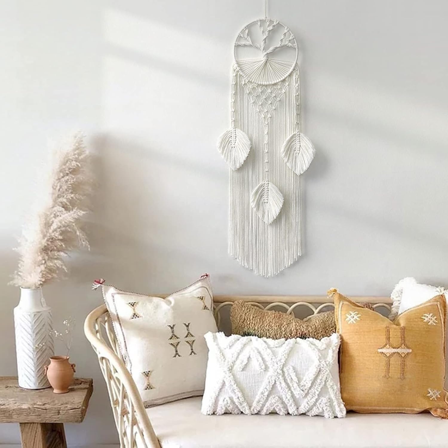 LOMOHOO Tree of Life Dream Catcher, Macrame Wall Hanging, Boho Dream Catcher with Feather Leaf, Bohemian Dream Catcher for Wedding Parties, Bedroom, Children's Room, Cafe, Gypsy Decor