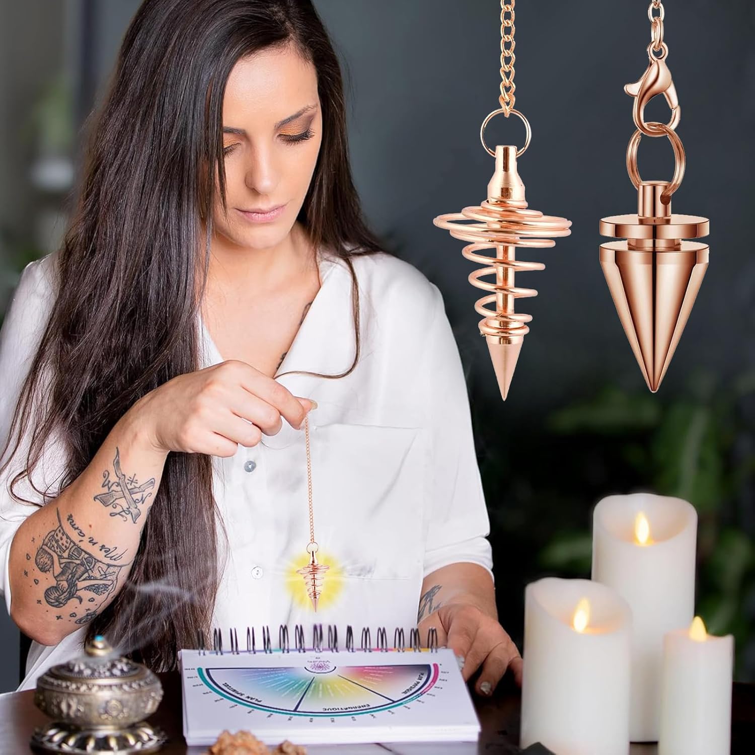 Pack of 2 Esoteric Pendulum, Jewellery Copper Pendulum, Divination Healing Reiki Pendulum Necklace, with Chain Esoteric Radiesthesia Cone Pendulum, Metal Pendulum Spiritual Lace Pendulum (Rose