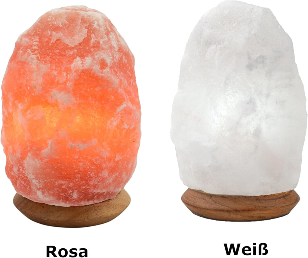 HAF Weiße Salzlampe aus echtem Kristallsalz | 2-3 kg Salzkristalllampe in Naturform | Salzsteinlampe auf Holzsockel aus der Salt Range Punjab | Dekorative Nachttischlampe für Wellness & Meditation