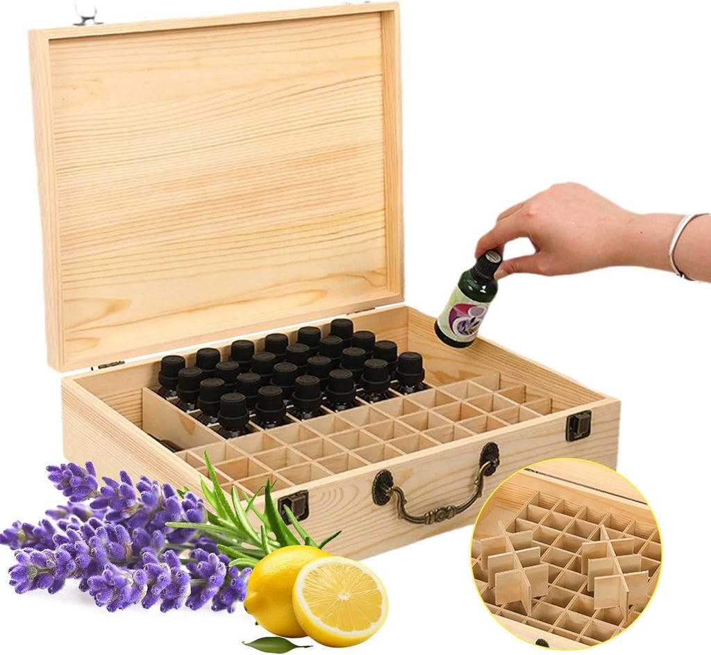 80 Löcher Ätherisches Öl Halter Regal aus Holz Aufbewahrungsbox Drehbarer Präsentationsständer Display Box Organisator, Tragbar Holz Aromatherapie Ätherische Öle Flaschen Koffer mit Deckel
