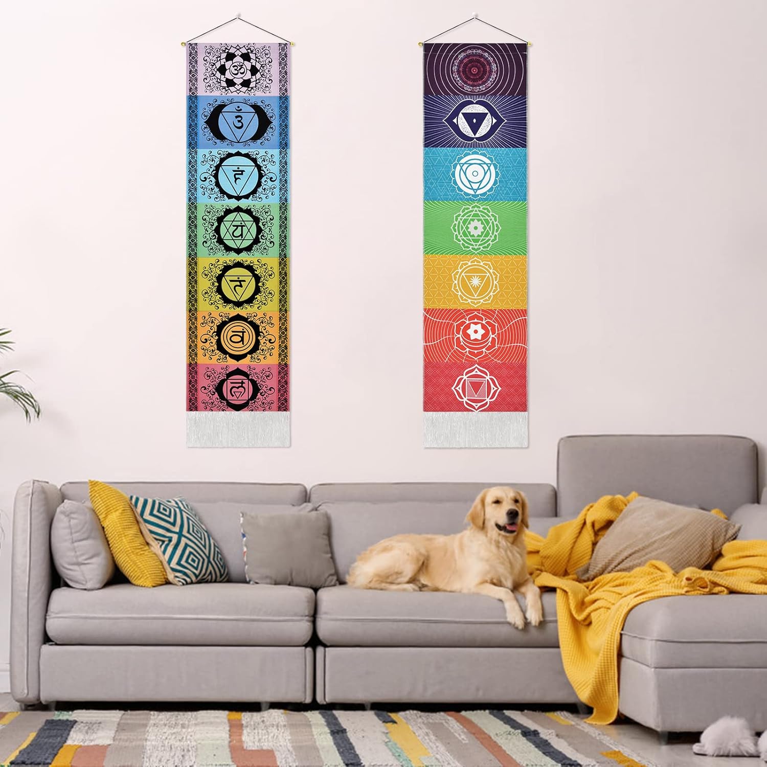 Yugarlibi Set of 2 Chakra Wall Hangings, Meditation Yoga Trippy Tapestry with Tassel, Mandala Tapestry, Wall Hangings for Bedroom, Living Room, Black and White Chakra 130 x 32.5 cm