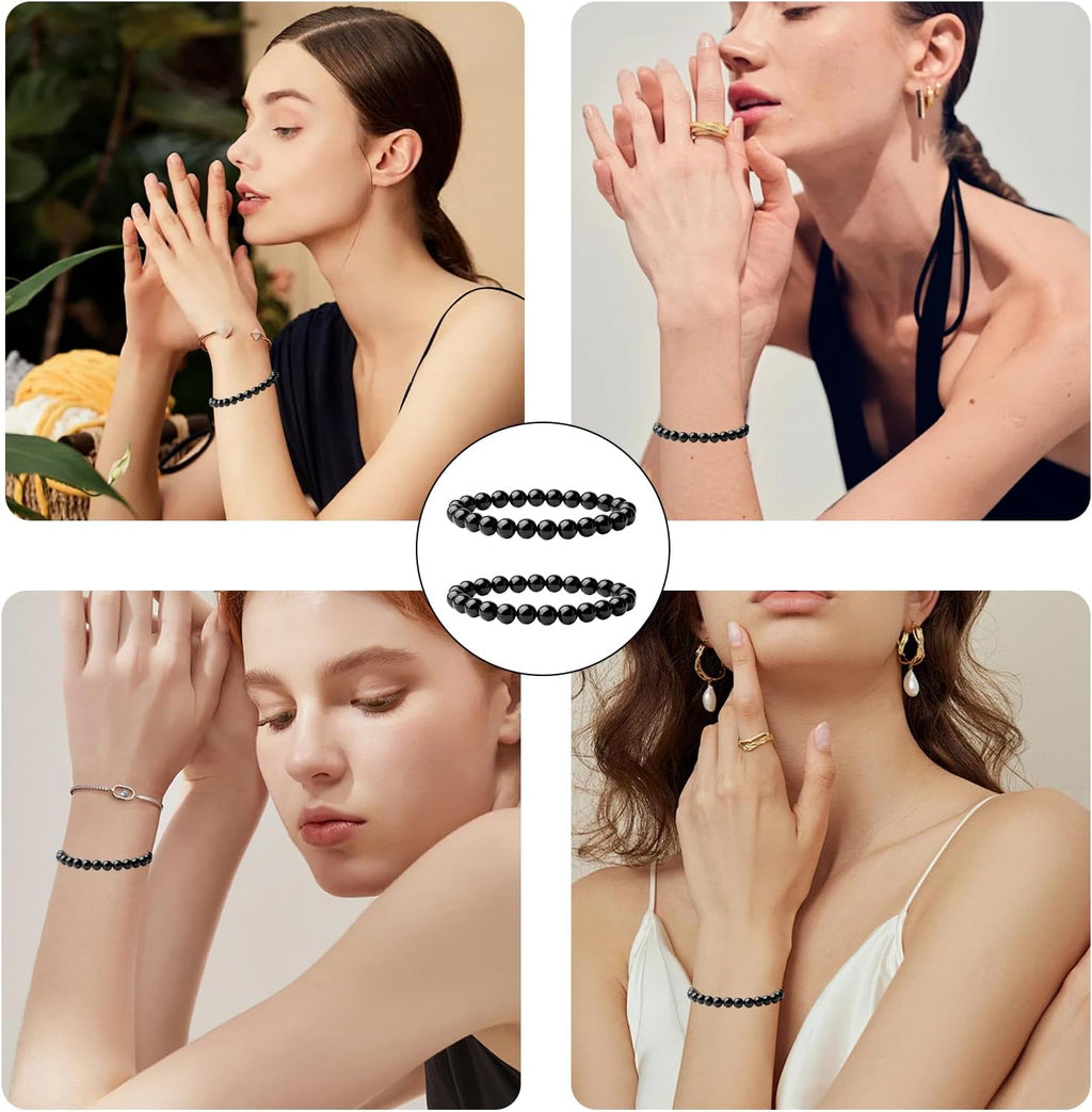 2 Stück 8mm Schwarzer Obsidian Perlenarmband,Handgefertigte Echte Natursteine Armbänder,Herren,Damen Chakren Perlenarmband,Handmade Echte Naturstein Perlen Heilsteine ArmbandKristalle