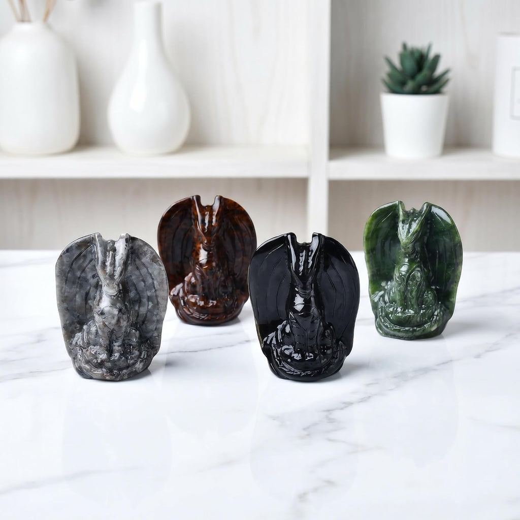 Natural Black Obsidian Dragon Statue – 2" Hand-Carved Crystal Collectible Figurine, Animal Sculpture for Desk, Office & Home Décor, Unique Spiritual Protection Gift for Men and Women
