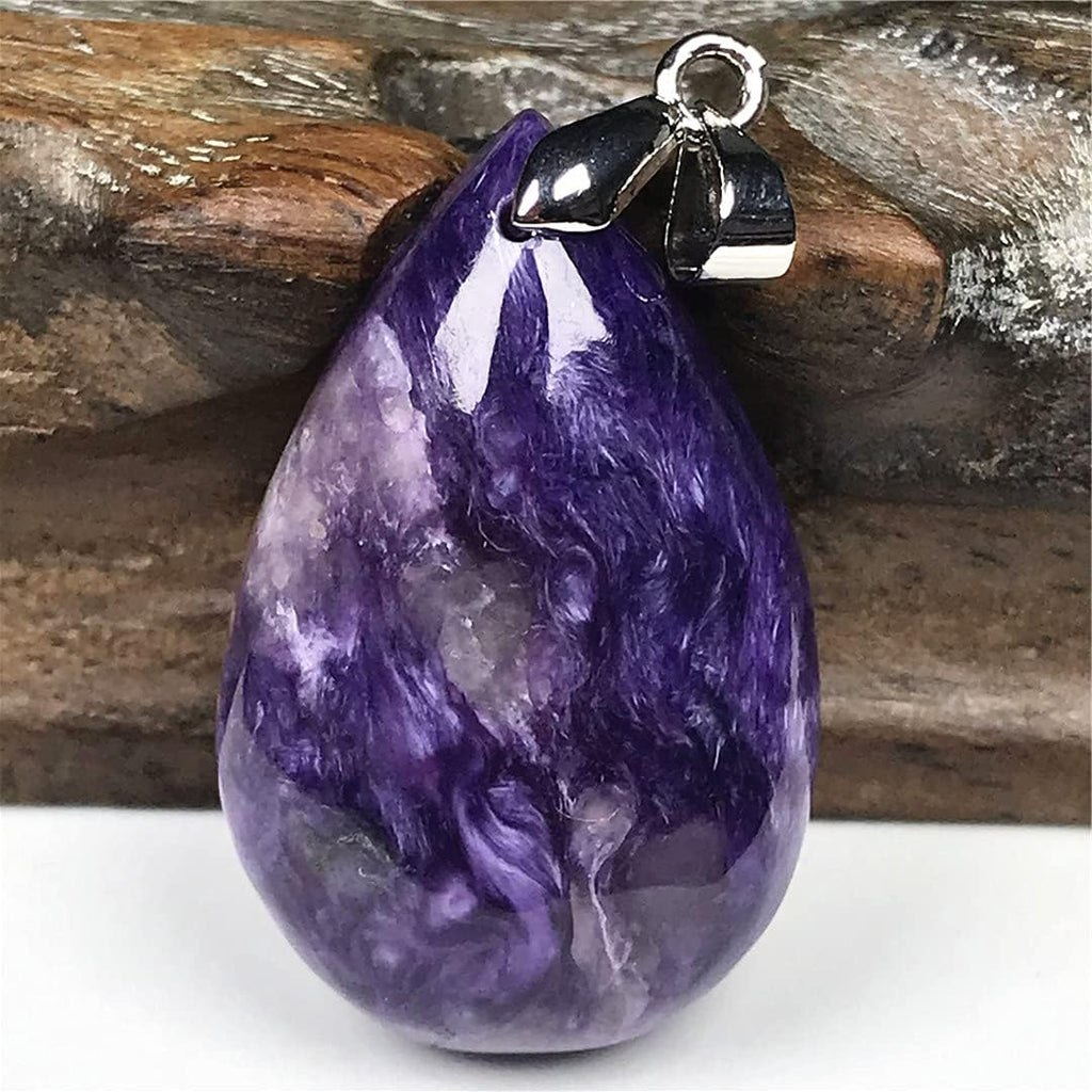 PHONME Natural Charoite Pendant Purple Charoite Crystal Stone Jewelry for Women Men Healing Gift 30x19x8mm Beads Silver Water Drop Gemstone AAAAA Fashion Accessories