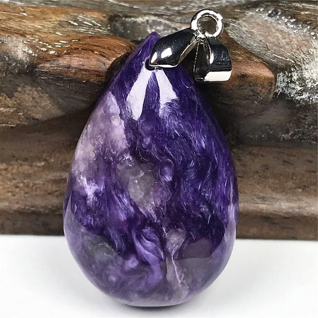 PHONME Natural Charoite Pendant Purple Charoite Crystal Stone Jewelry for Women Men Healing Gift 30x19x8mm Beads Silver Water Drop Gemstone AAAAA Fashion Accessories