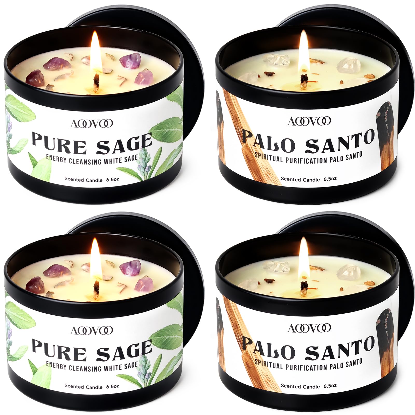 AOOVOO Sage Candle for Cleansing - 3 Wick 12oz Large Scented Candle with Crystals & Sage Leaves Inside, Soy Candles Non Toxic for Meditation Spiritual Gift, Aromatherapy Candle for Women Men