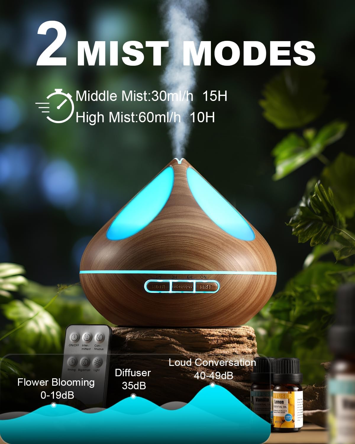 VAAGHANM Aroma Diffuser Diffusoren 500 ml mit 8 ätherischen Ölen, Aromatherapie-Diffusoren, Lufterfrischer, Luftbefeuchter mit Fernbedienung, 4 Timer für Schlafzimmer, Braun
