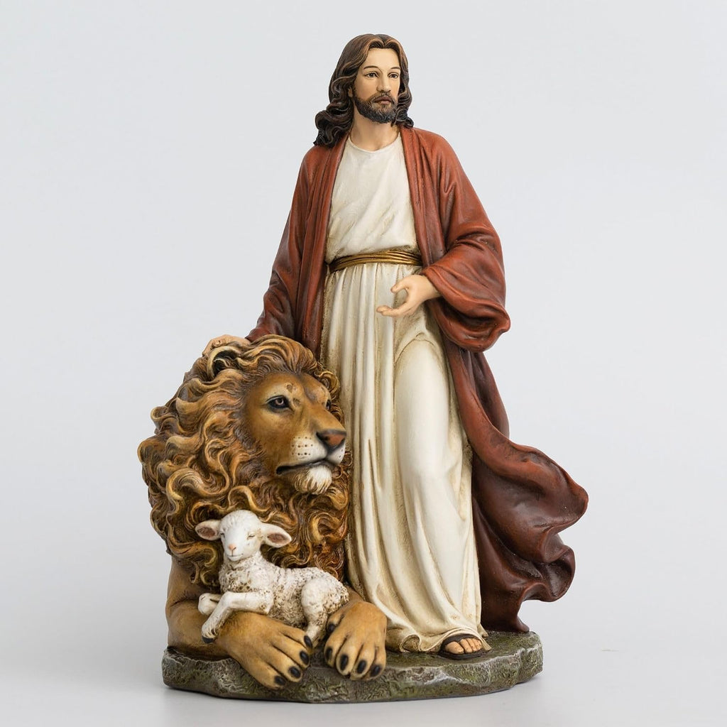 Jesus with Lion and Lamb Statue 10.8 Inch Jesus Figurine the Lion of Judah & The Lamb of God Christian Figurine, Realistic Religious Sculpture for Home Décor, Faith Gift, Church Display