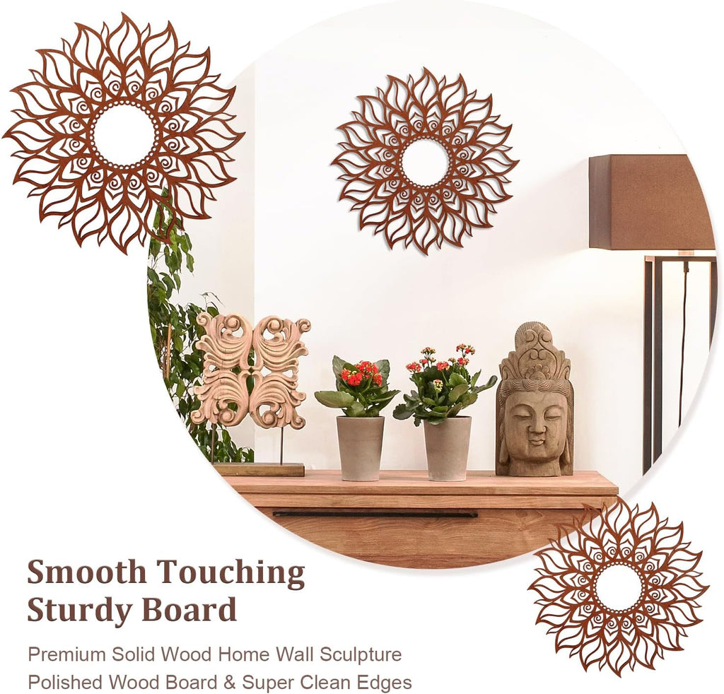 ADDMES 30cm Sun Wall Art Wooden Sculpture Hollowed Mandala Hanging Sign for Indoor Outdoor Home Garden