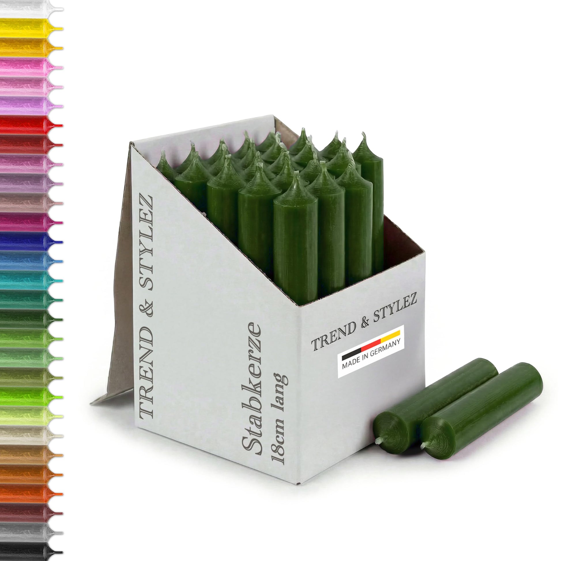 25 Stabkerzen 180mm x 22mm | Durchgefärbte Spitzkerzen | 8+ Stunden Brenndauer | Made in Germany - Ohne Tropfen & Rußen | RAL-Zertifizierte Tafelkerzen unparfümiert (Grün)
