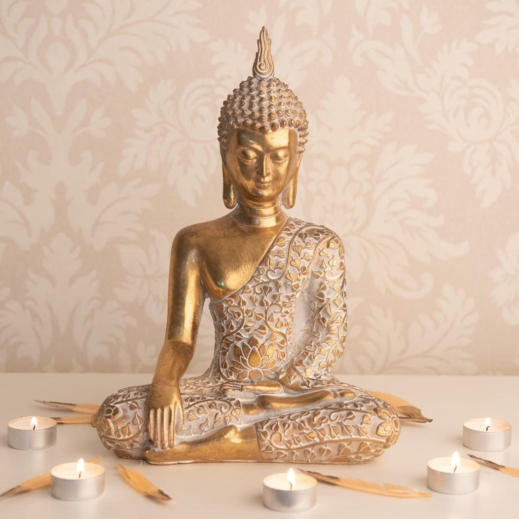 dszapaci Buddha Statue Gold 30cm Dekofigur sitzend mit weißem Muster Buddha Deko Figur klein