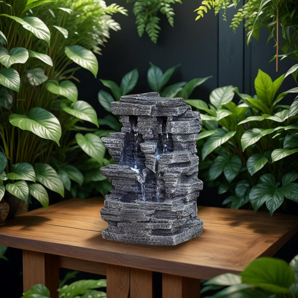 Zen'Light - Zimmerbrunnen Grand Canyon - Wasserfall in Steinoptik - Weiße LED-Beleuchtung - Moderne Zen Deko, Ideal für Meditation & Entspannung - Feng Shui - H 28cm, Grau