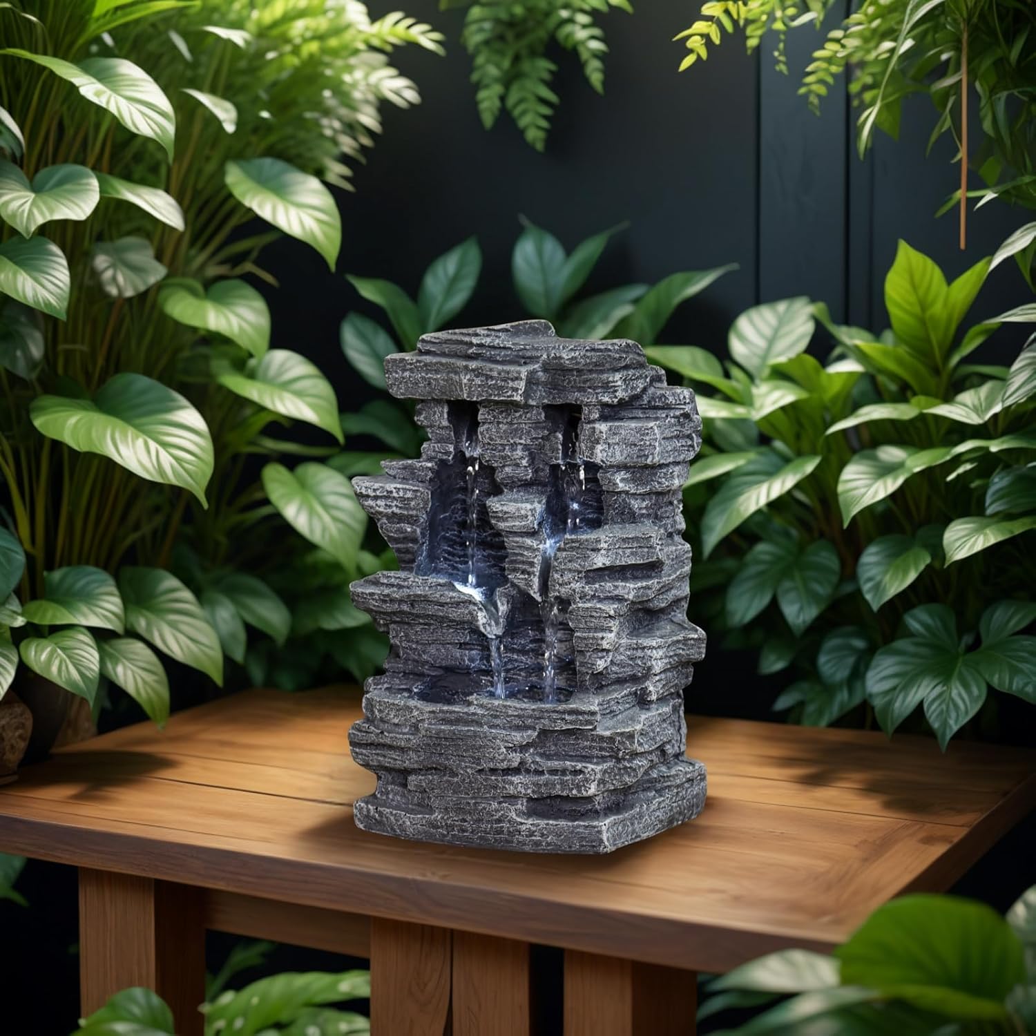 Zen'Light - Zimmerbrunnen Grand Canyon - Wasserfall in Steinoptik - Weiße LED-Beleuchtung - Moderne Zen Deko, Ideal für Meditation & Entspannung - Feng Shui - H 28cm, Grau