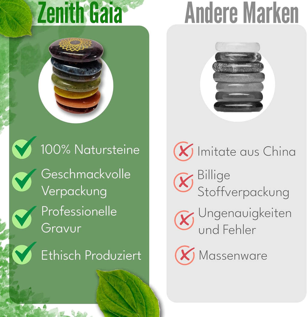 Zenith Gaia Premium Chakra Steine Set mit Armband – Handgefertigte 7 Edelsteine – Natursteine in edler Holzbox – Chakra Heilsteine Set für spirituelles Gleichgewicht und Energiearbeit - Worry Stones