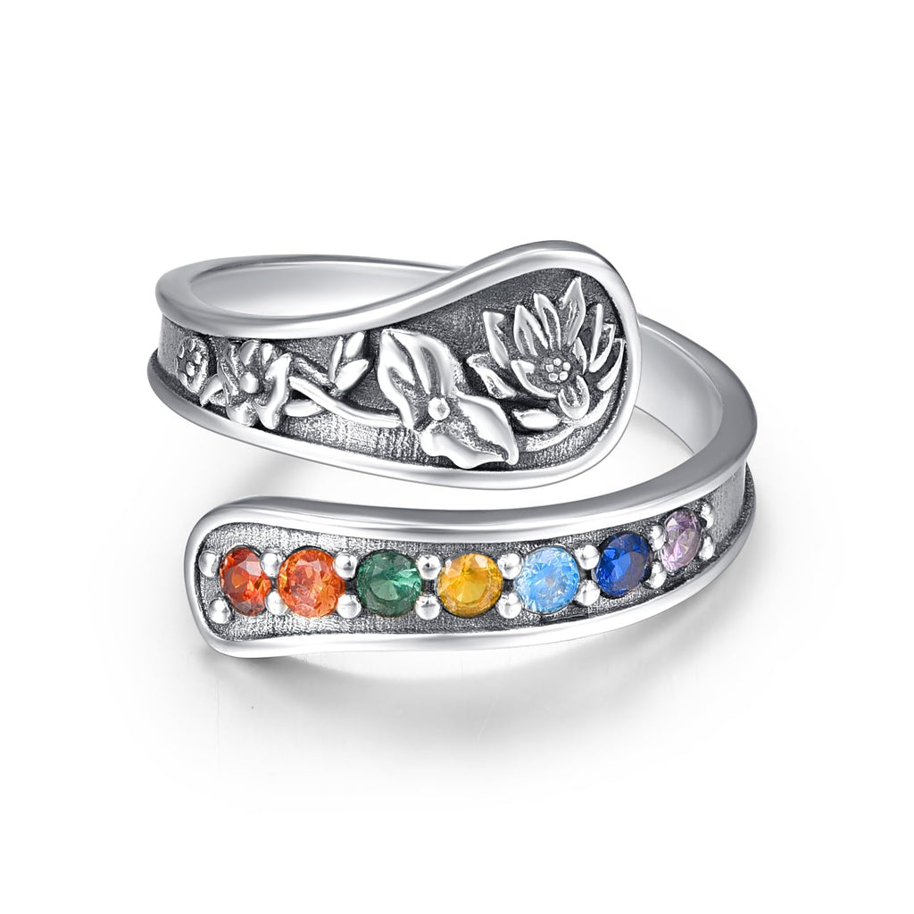 KINGWHYTE Chakra Ring für Frauen 925 Sterling Silber Verstellbare Ringe Heilender Schmuck Chakra-Geschenke für Mama Tochter Yoga-Liebhaber