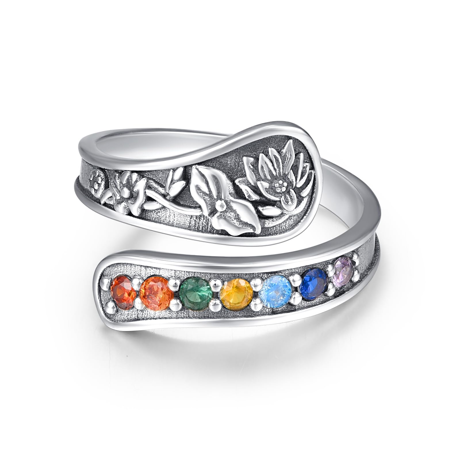 KINGWHYTE Chakra Ring für Frauen 925 Sterling Silber Verstellbare Ringe Heilender Schmuck Chakra-Geschenke für Mama Tochter Yoga-Liebhaber