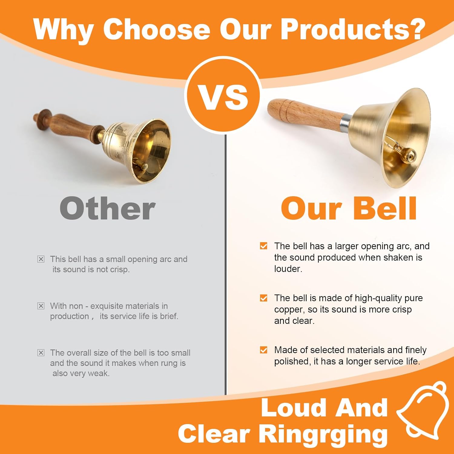 Super Laute Handglocke, Metall Glocken mit Holzgriff, Massivmessing Rufglocke für ältere Menschen zu Hause, Hochzeit, Tiertraining, Büro, Abendessen, Meditation, Musikunterricht und Service