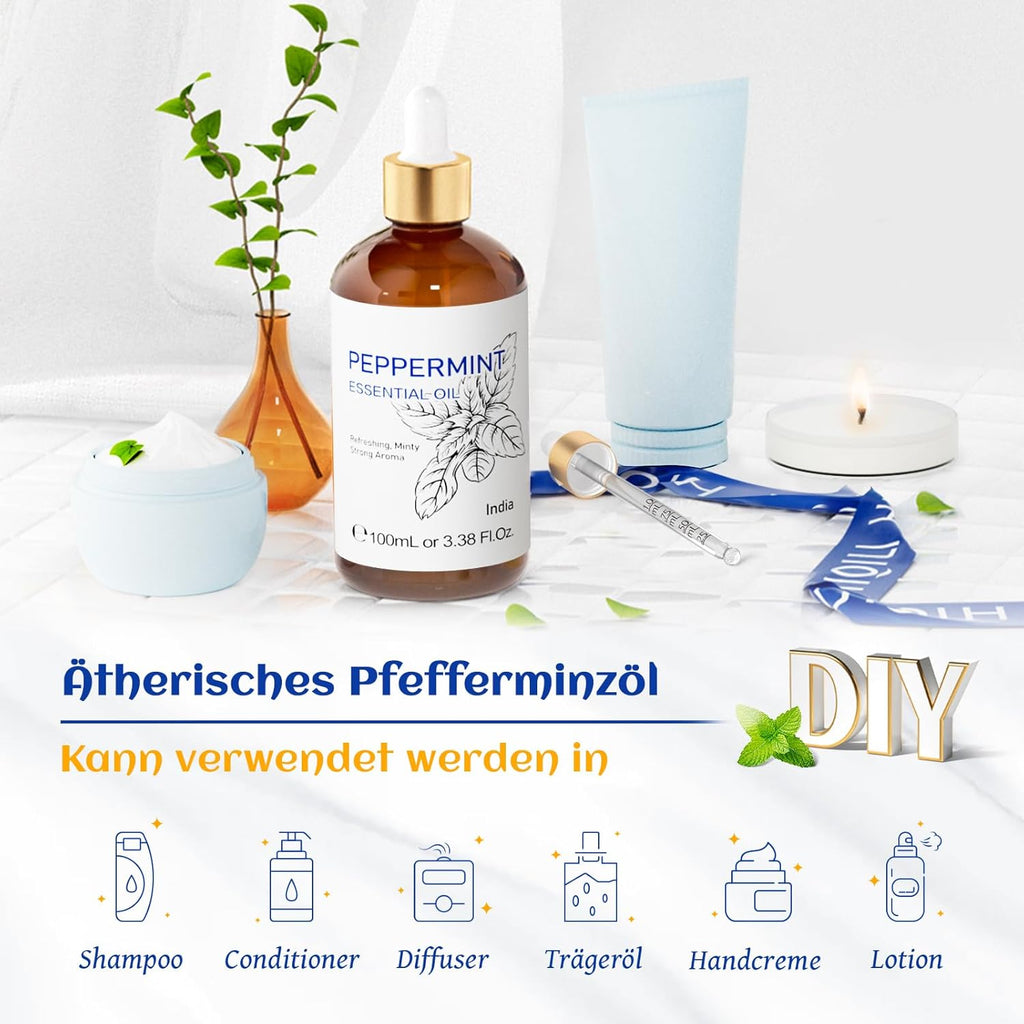 HIQILI 100ml Pfefferminzöl Ätherisches Öl, 100% Reines Naturrein Minzöl,Peppermint Oil für Diffuser, Massage, Haar, Hautpflege - Gratis Eine Reiseflasche