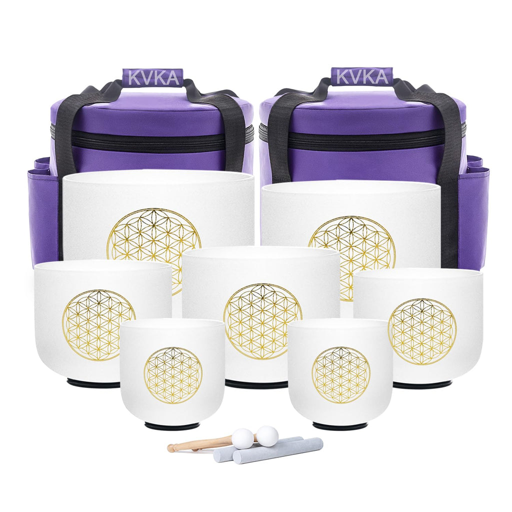 KVKA Kristall-Klangschalen Set, 6-12 inch 432Hz Gradien Quarz Chakra Sound Healing Klangschalen für Yoga Meditation Entspannung Stressabbau mit Tragetasche