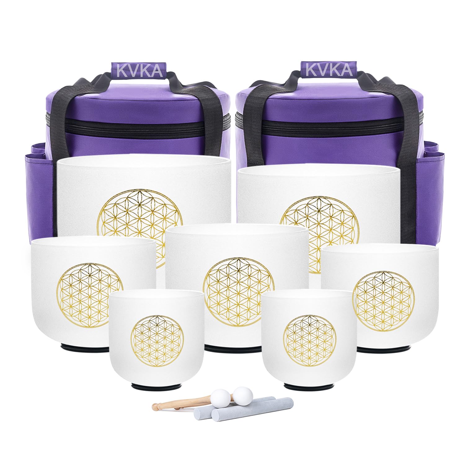 KVKA Kristall-Klangschalen Set, 6-12 inch 432Hz Weiß Frosted Quarz Chakra Sound Healing Klangschalen für Meditation Yoga Entspannung Stressabbau mit Tragetasche