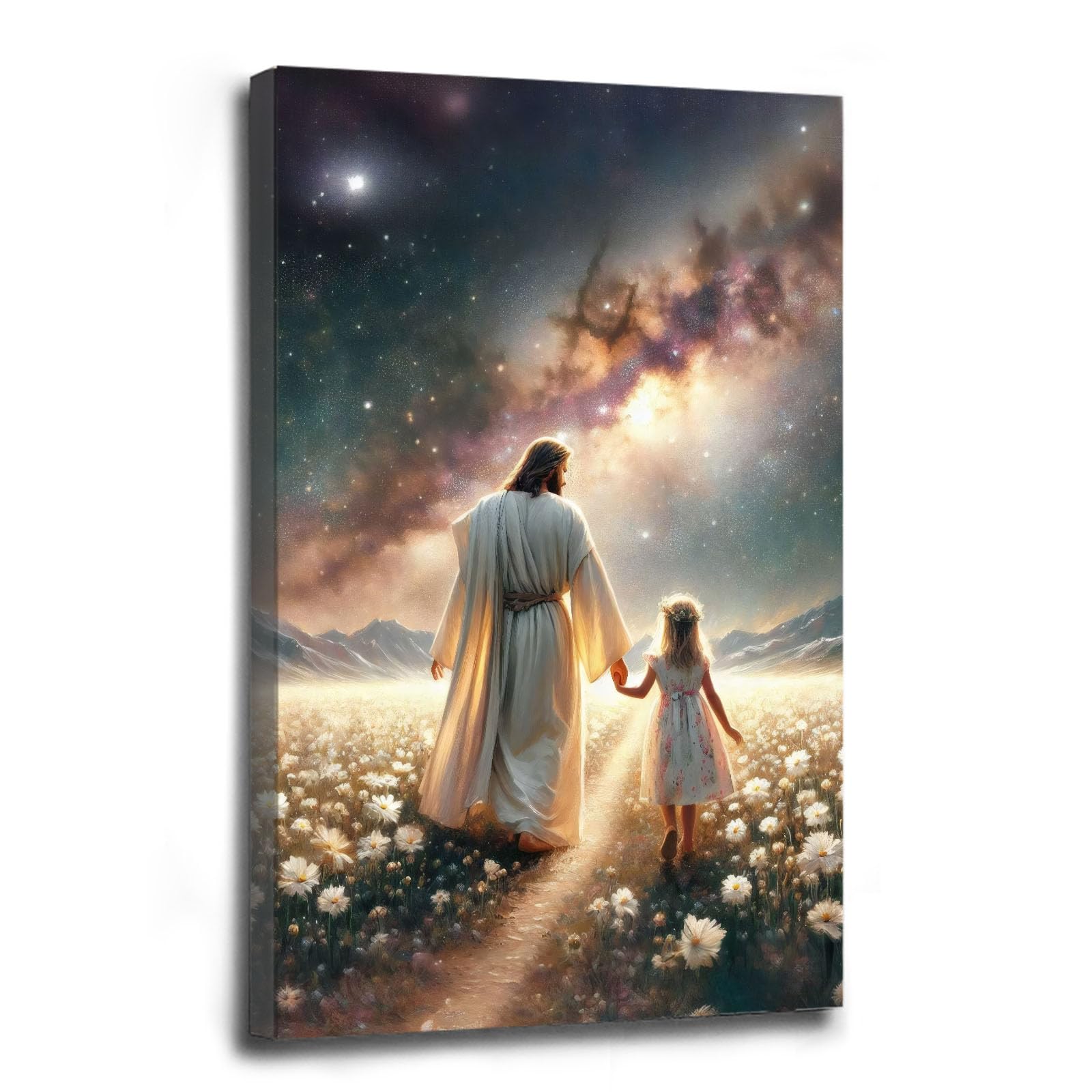 Jesus canvas painting spiritual artwork featuring a girl in a flowing white robe happily playing in a warm field of golden daisies. Adds a vibrant atmosphere to your home's sacred wall decor